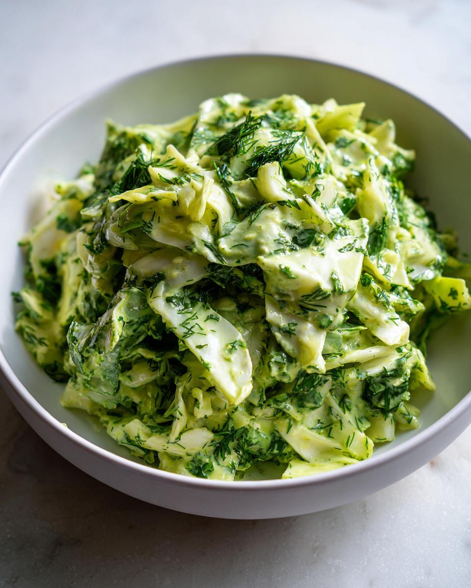A vibrant bowl of Green Goddess Salad, featuring fresh cabbage and herbs in a creamy green dressing.