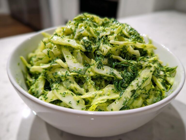 A vibrant Green Goddess Salad in a white bowl, featuring shredded cabbage and fresh herbs.