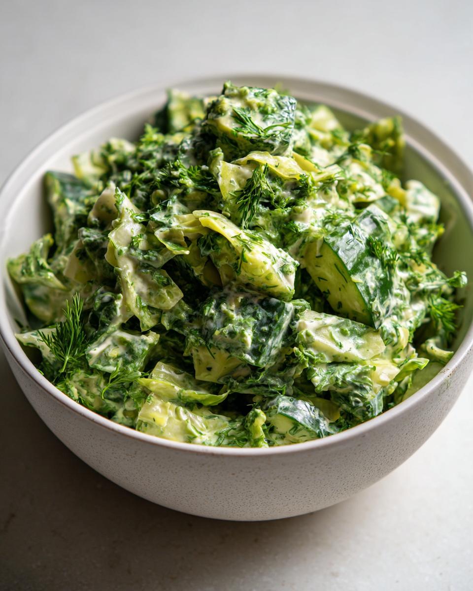 Bowl of vibrant Green Goddess salad with chopped vegetables and creamy dressing.