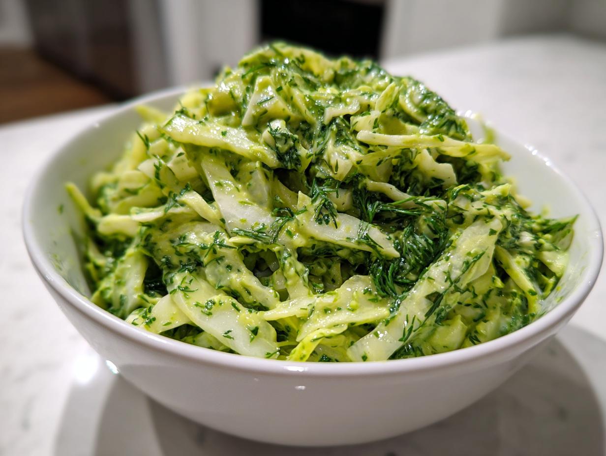 A vibrant Green Goddess Salad in a white bowl, featuring shredded cabbage and fresh herbs.