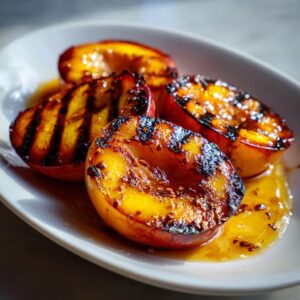Close-up of grilled peaches with honey on a white plate, showing grill marks and glistening honey.
