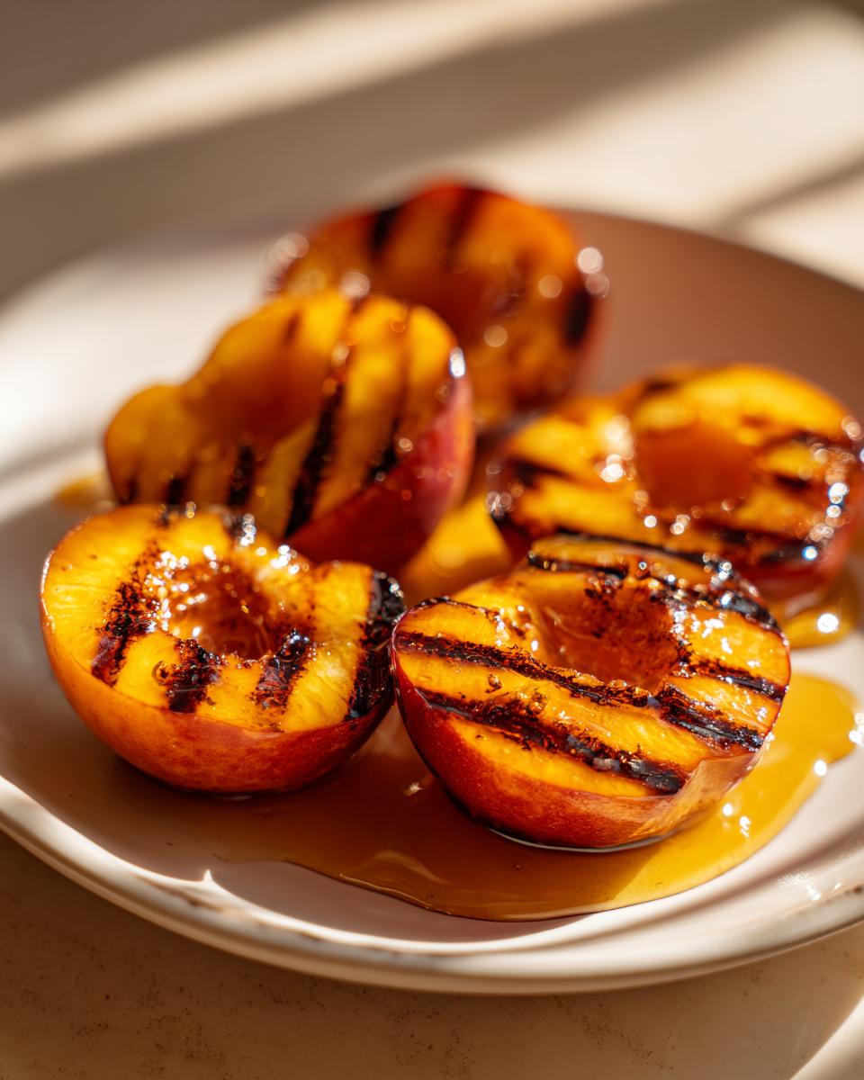 Close-up of grilled peaches with honey drizzled on top, sitting on a white plate.