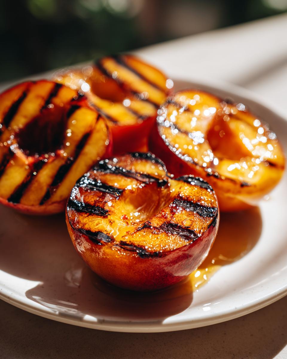 Close-up of grilled peaches with honey on a white plate, showing grill marks and glistening honey.