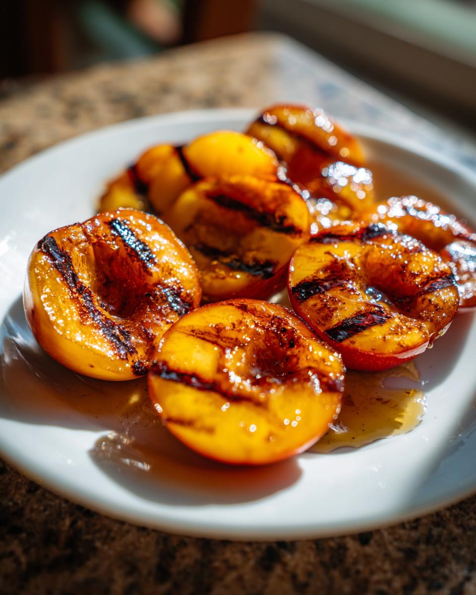 Close-up of grilled peaches with honey on a white plate, showing grill marks and glistening honey.