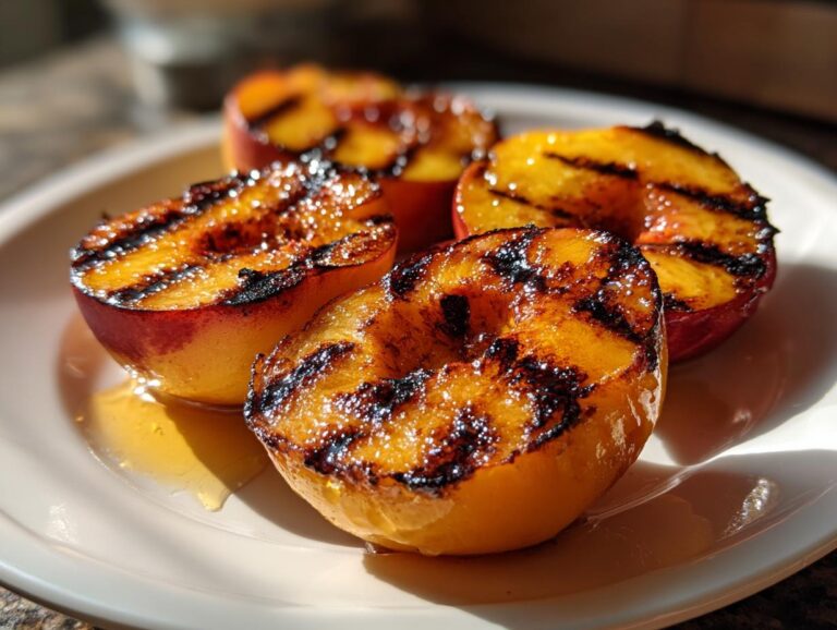 Close-up of grilled peaches with honey on a white plate, showcasing grill marks and glistening honey.