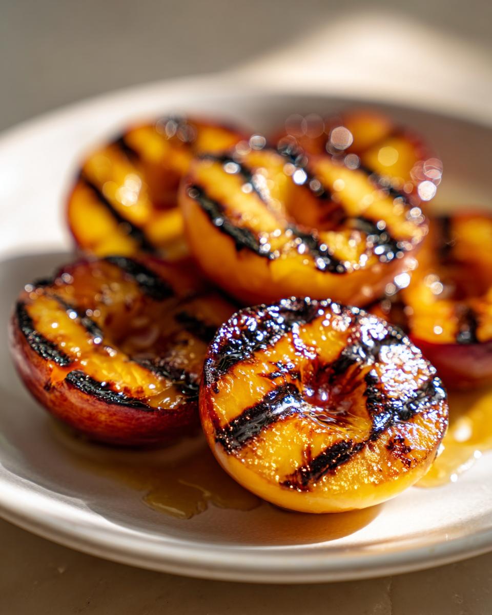 Close-up of grilled peaches with honey on a white plate, showing grill marks and glistening honey.