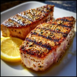 Two grilled Tuna Steaks on a plate with a lemon wedge, showing grill marks and seasoning.