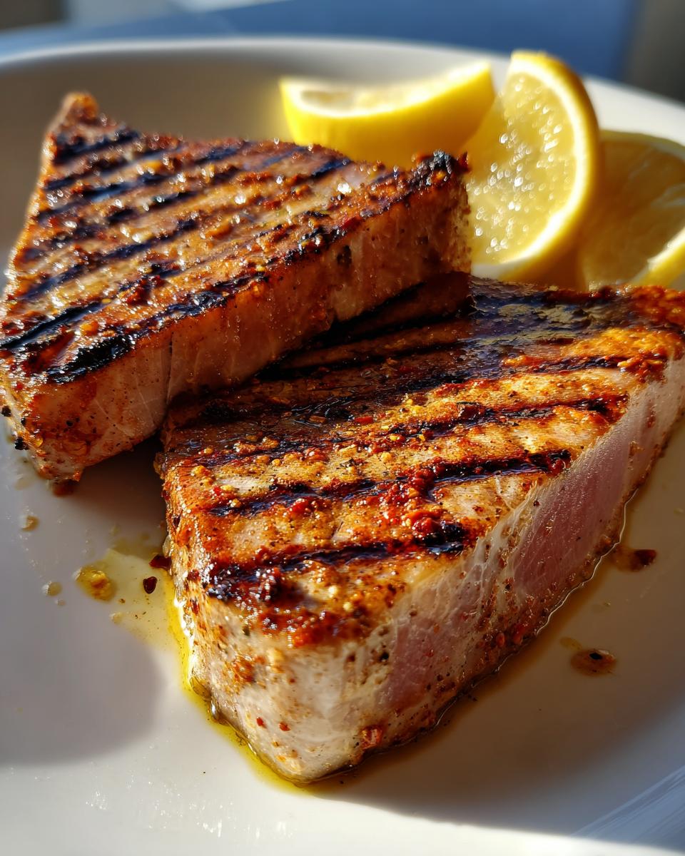 Two grilled Tuna Steaks on a white plate, garnished with lemon wedges and visible grill marks.