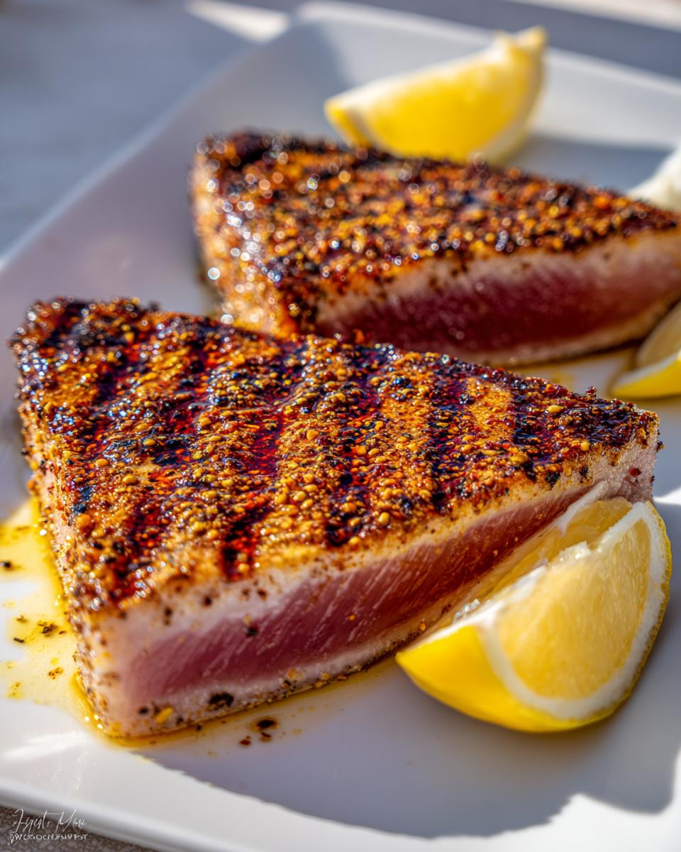 Two grilled Tuna Steaks on a white plate, garnished with lemon wedges and a flavorful crust.