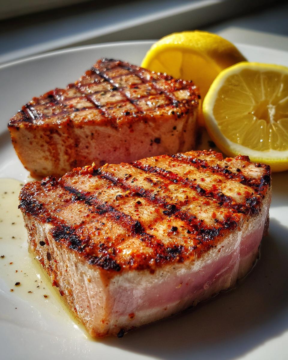 Two grilled Tuna Steaks are plated with lemon wedges, showcasing their grill marks and seasoning.