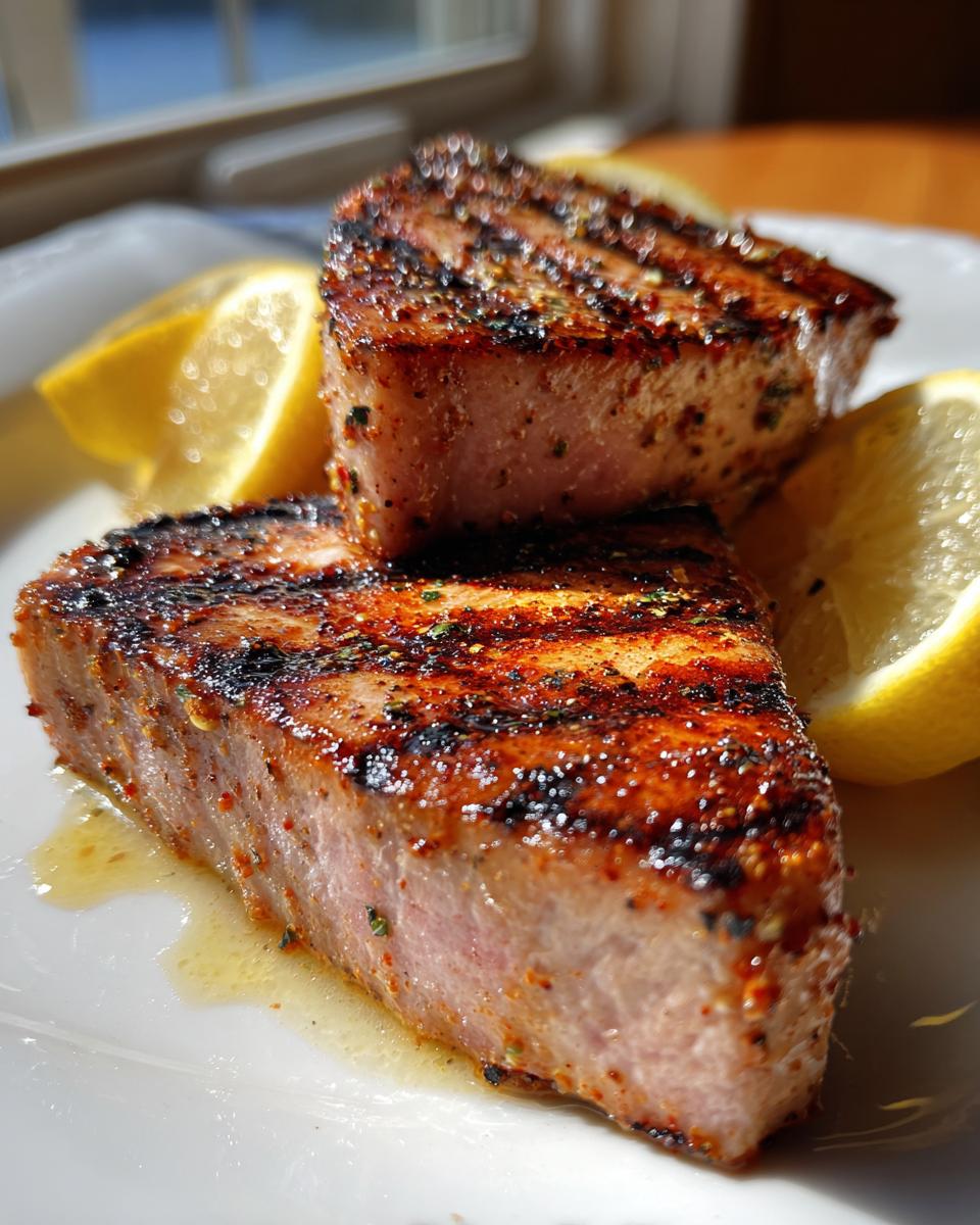 Two grilled Tuna Steaks served on a white plate with lemon wedges, showcasing grill marks and seasoning.