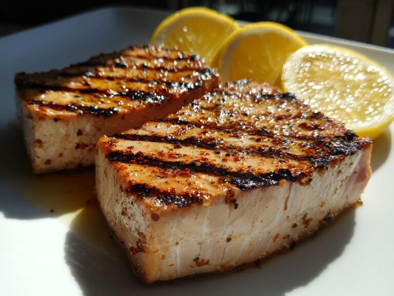Two grilled Tuna Steaks on a white plate, garnished with lemon slices. Close-up shot.