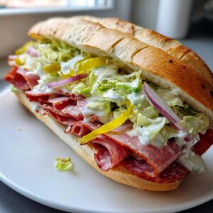 A delicious grinder salad sandwich with salami, lettuce, onions, peppers, and creamy dressing on a white plate.