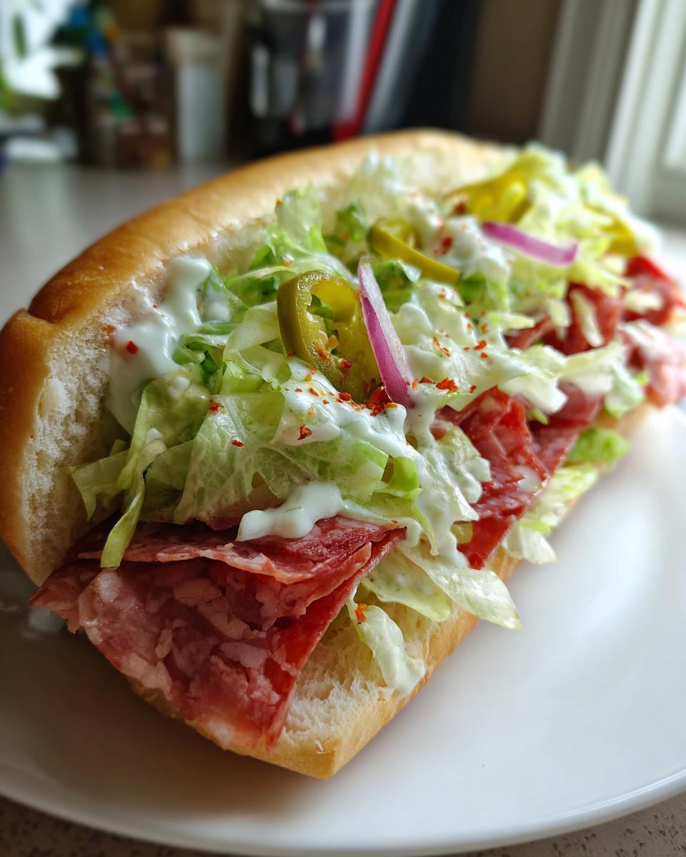Delicious grinder salad sandwich on a white plate, featuring salami, lettuce, jalapenos, red onions, and creamy dressing.