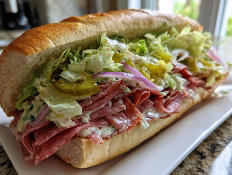 A delicious grinder salad sandwich featuring layers of meat, lettuce, onions, peppers, and creamy dressing.