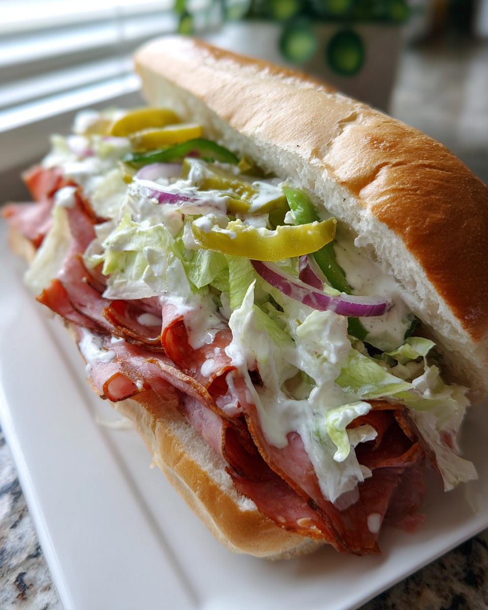 A fully loaded grinder salad sandwich with salami, lettuce, onions, peppers, and creamy dressing on a white plate.