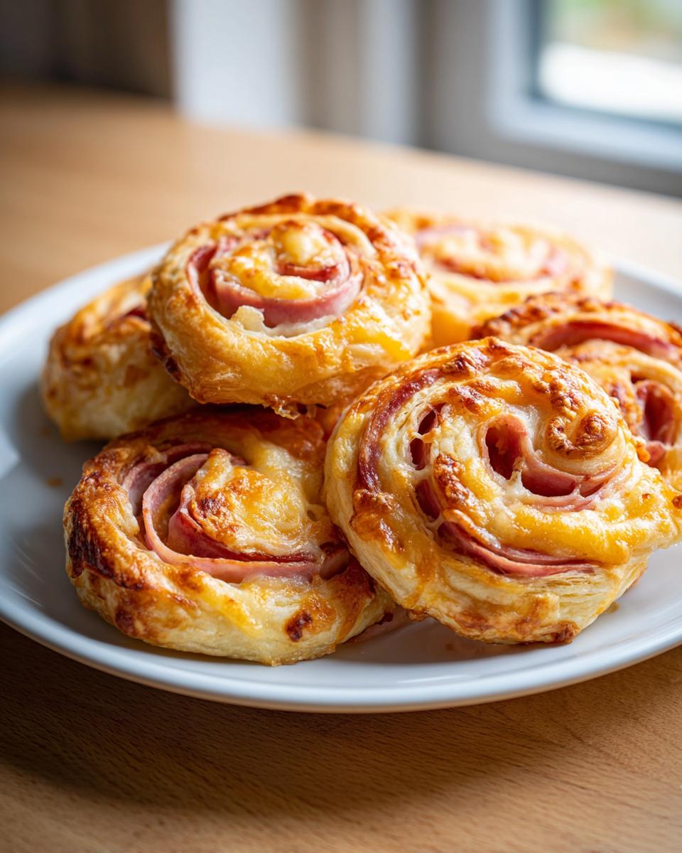 A plate of freshly baked ham and cheese pinwheels, showcasing the golden crust and spiral layers.