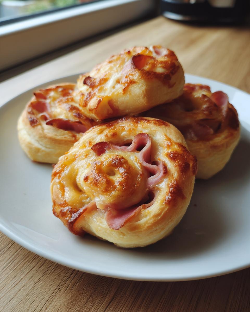 Four golden brown ham and cheese pinwheels stacked on a white plate, ready to eat.