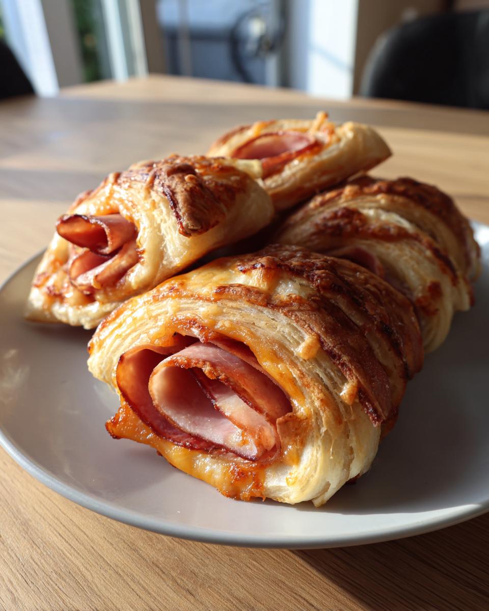 Close-up of freshly baked ham and cheese pinwheels on a plate, showcasing the flaky pastry and savory filling.