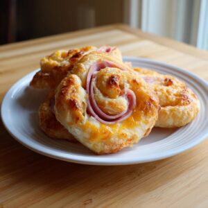 Close-up of ham and cheese pinwheels on a white plate, showcasing the flaky pastry and melted cheese.