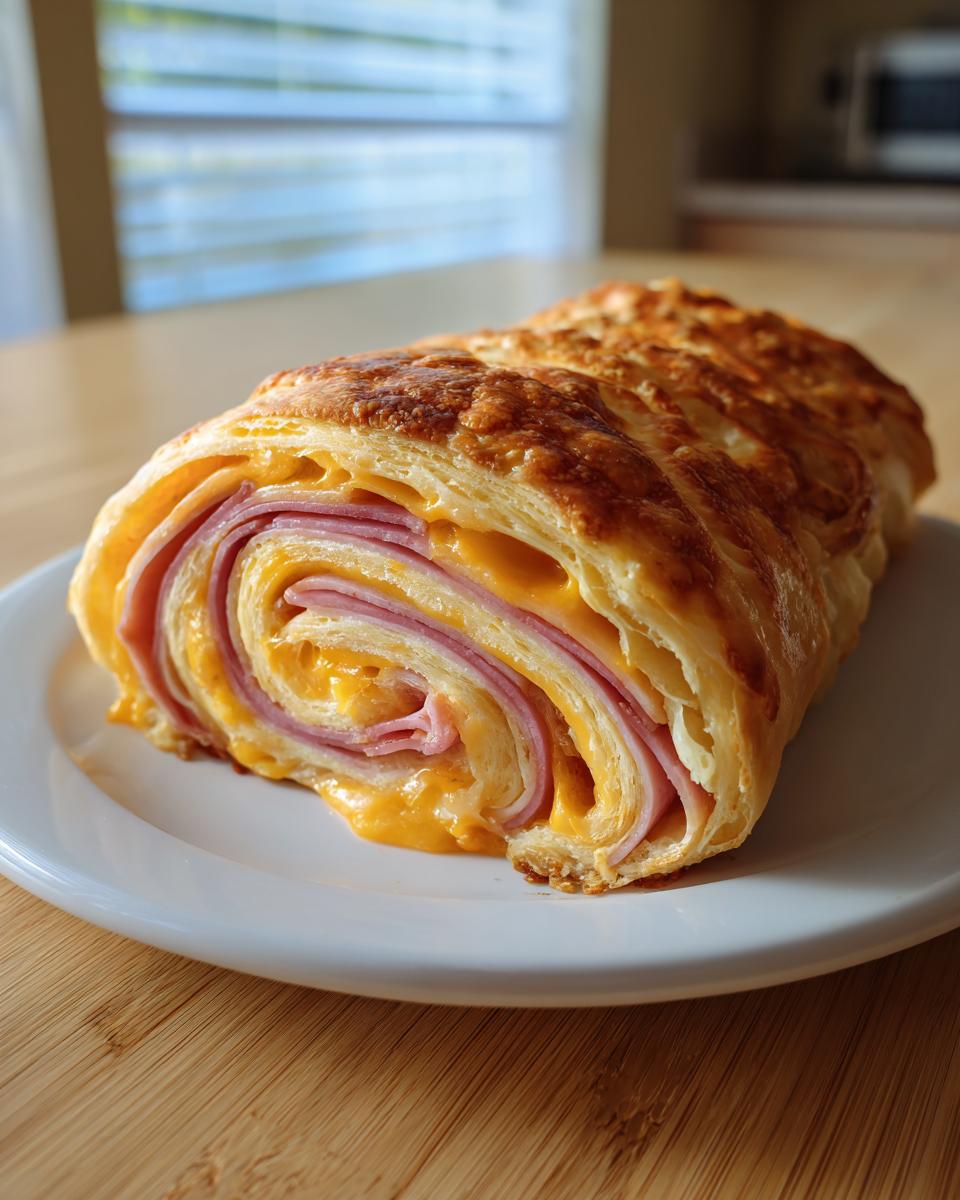 Close-up of a freshly baked ham and cheese pinwheels roll on a white plate, showcasing the flaky layers.