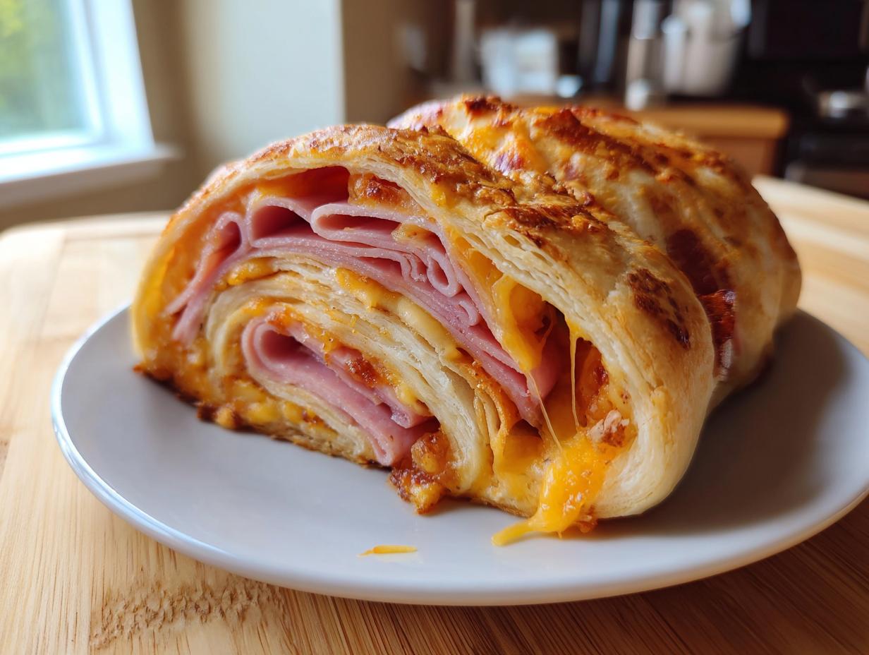 Close-up of a sliced ham and cheese pinwheel showing layers of ham, cheese, and flaky pastry.