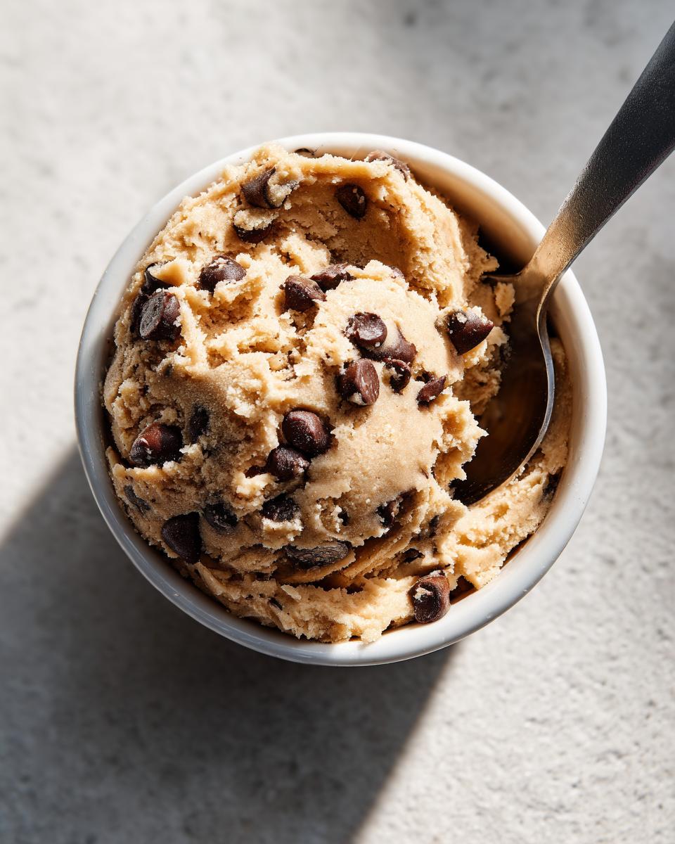 Overhead shot of a bowl of high protein cookie dough with chocolate chips and a spoon.