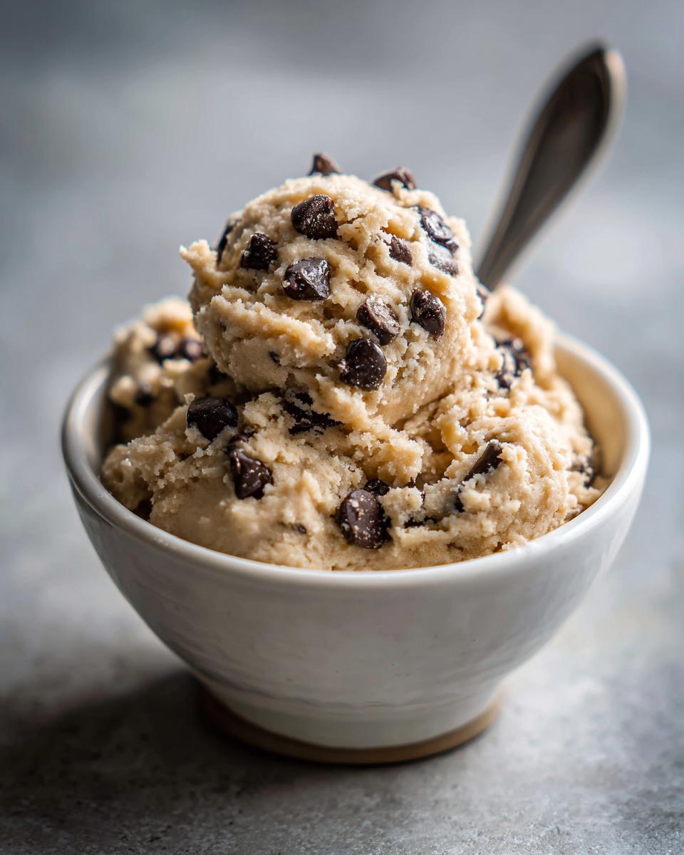 A white bowl filled with high protein cookie dough and chocolate chips, with a spoon resting inside.