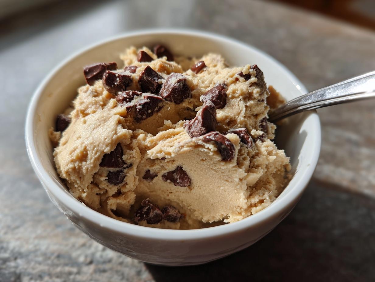 A bowl of delicious high protein cookie dough with chocolate chunks, ready to be enjoyed with a spoon.