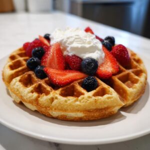 A golden high protein waffles topped with fresh strawberries, blueberries, raspberries, and whipped cream.