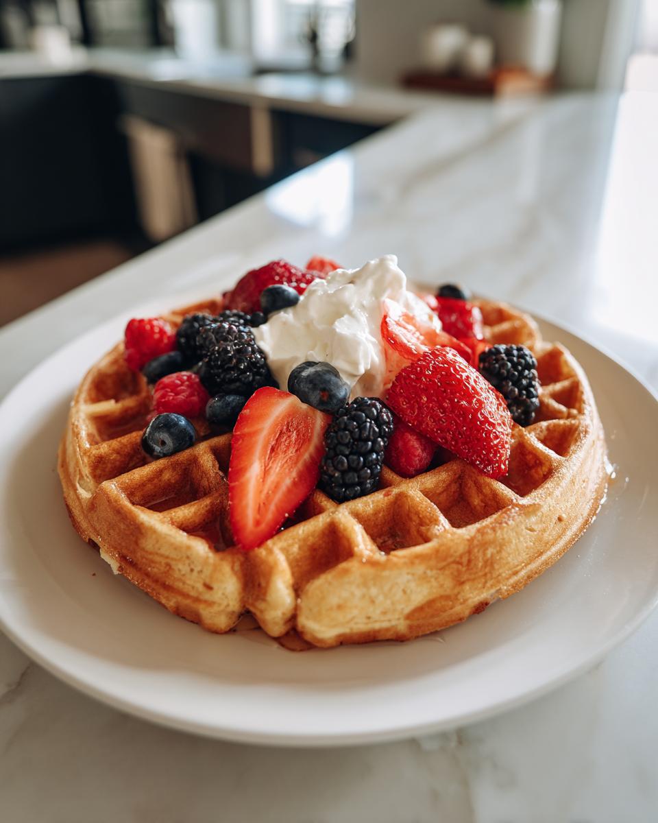 A golden high protein waffles topped with fresh strawberries, blueberries, blackberries, raspberries, and whipped cream.