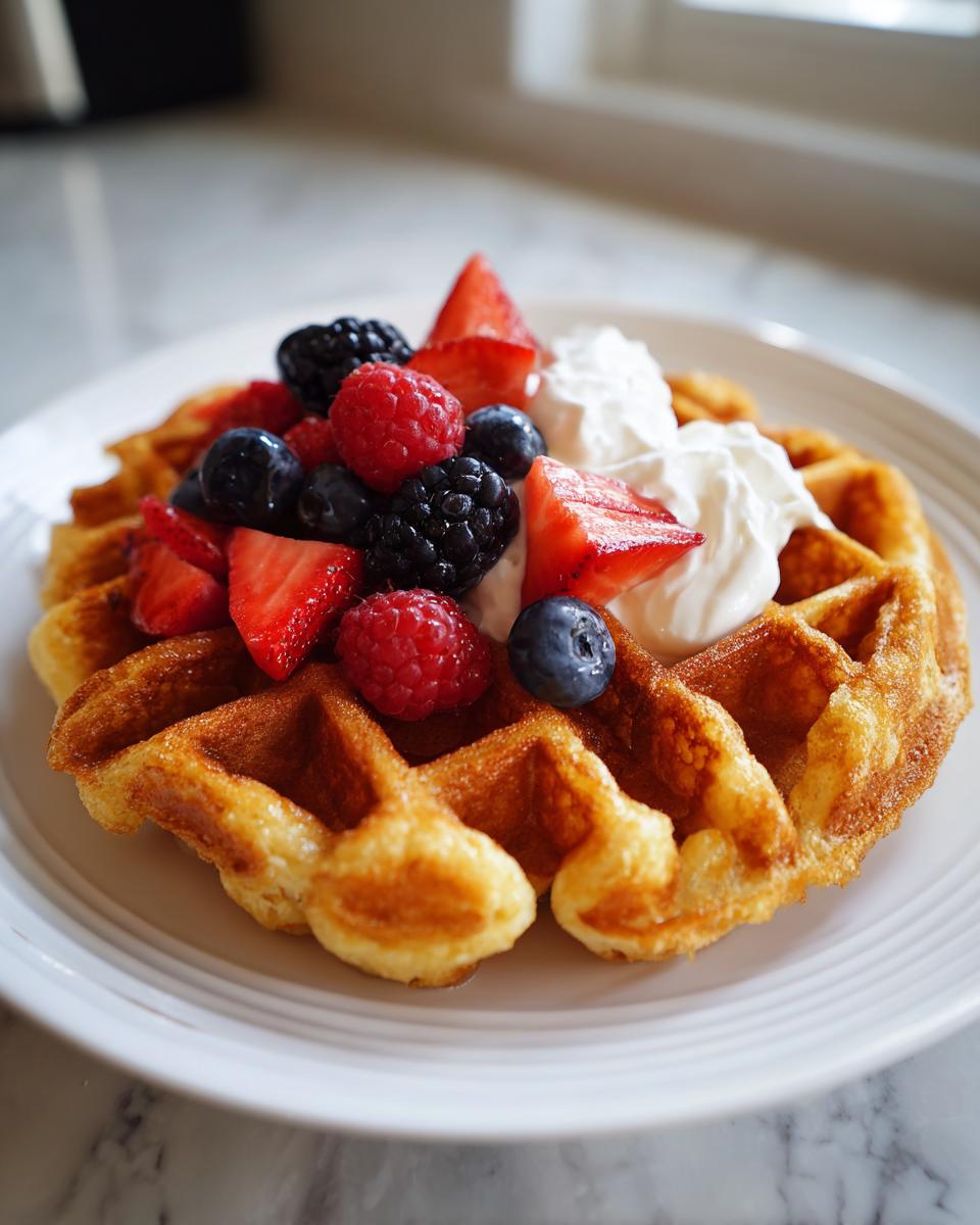 A single high protein waffle topped with fresh strawberries, blueberries, raspberries, blackberries, and whipped cream.