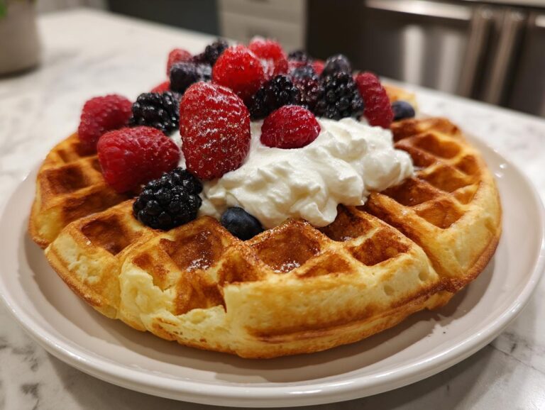 A golden high protein waffles topped with whipped cream, raspberries, blackberries, and blueberries.