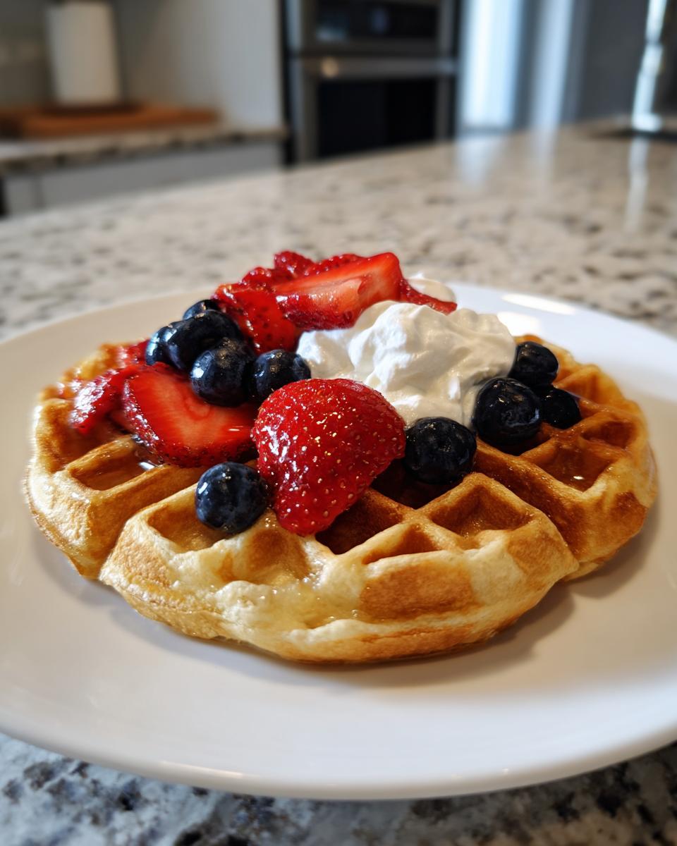 A delicious high protein waffles topped with fresh strawberries, blueberries, and whipped cream on a white plate.