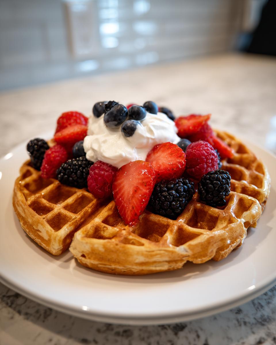 A delicious plate of high protein waffles topped with fresh berries and whipped cream.