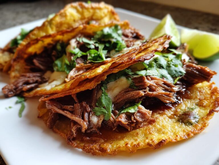 Close-up of homemade birria tacos filled with shredded beef, cheese, and cilantro, served with lime wedges.