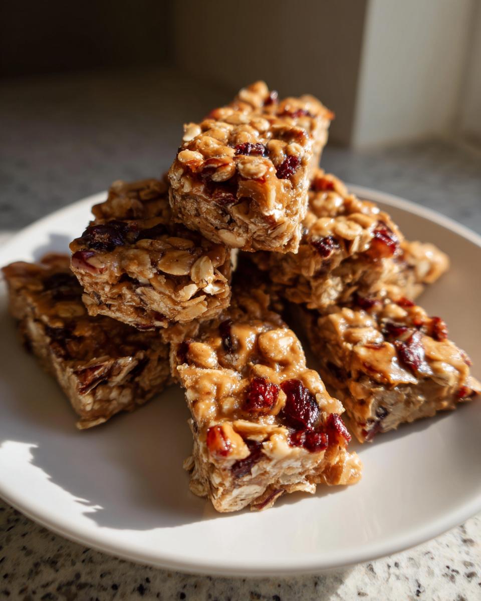 A stack of delicious Homemade granola bars featuring oats and cranberries on a white plate.
