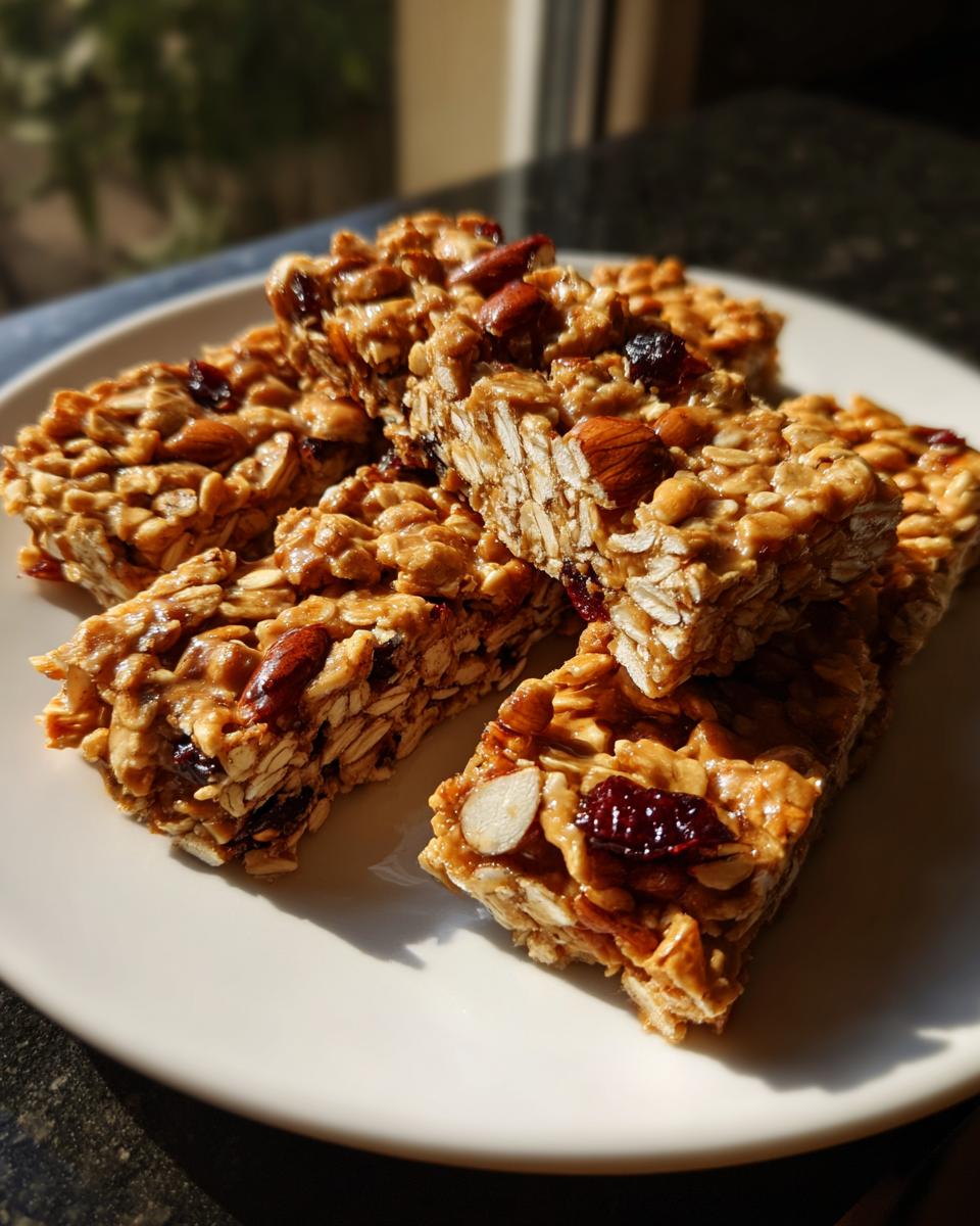 A plate of delicious homemade granola bars with oats, nuts, and dried fruit.