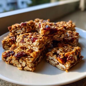 A stack of delicious homemade granola bars featuring oats, nuts, seeds, and dried cranberries on a white plate.