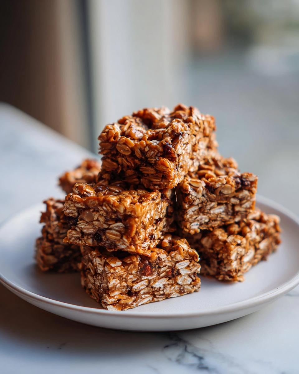 A stack of delicious, chewy homemade granola bars on a white plate.