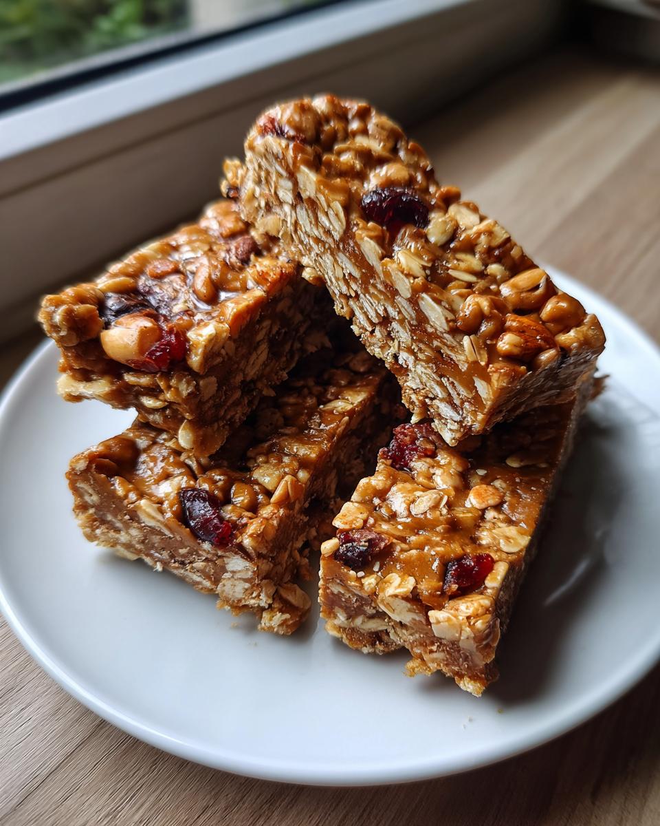 A stack of delicious homemade granola bars featuring oats, nuts, and dried cranberries on a white plate.