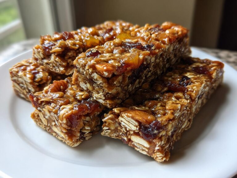 A stack of delicious homemade granola bars on a white plate, featuring oats, nuts, and dried fruit.