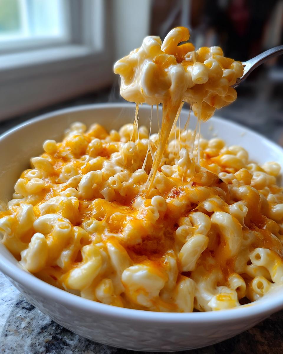 Close-up of creamy Instant Pot mac and cheese in a white bowl, with a fork lifting a cheesy portion.