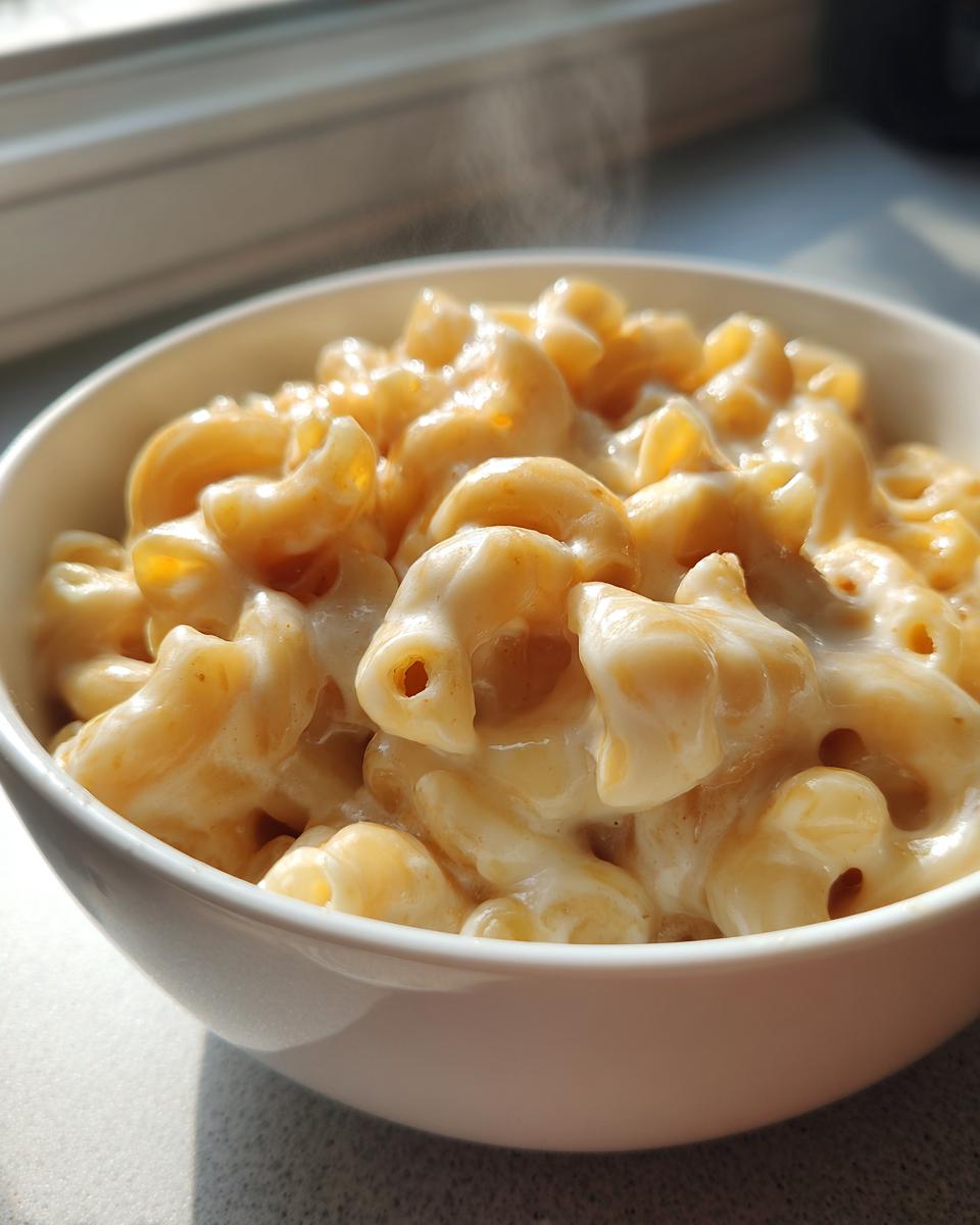 Close-up of a bowl of creamy Instant Pot mac and cheese, steaming slightly.
