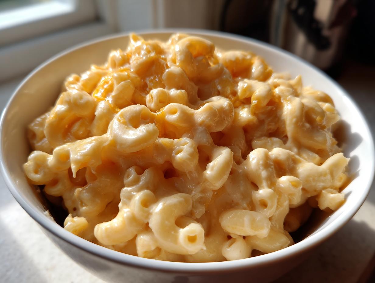 A bowl of creamy Instant Pot mac and cheese, featuring elbow macaroni and a rich cheese sauce.