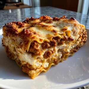 A delicious slice of Lasagna with Cottage Cheese, showcasing layers of pasta, meat sauce, and creamy cottage cheese.