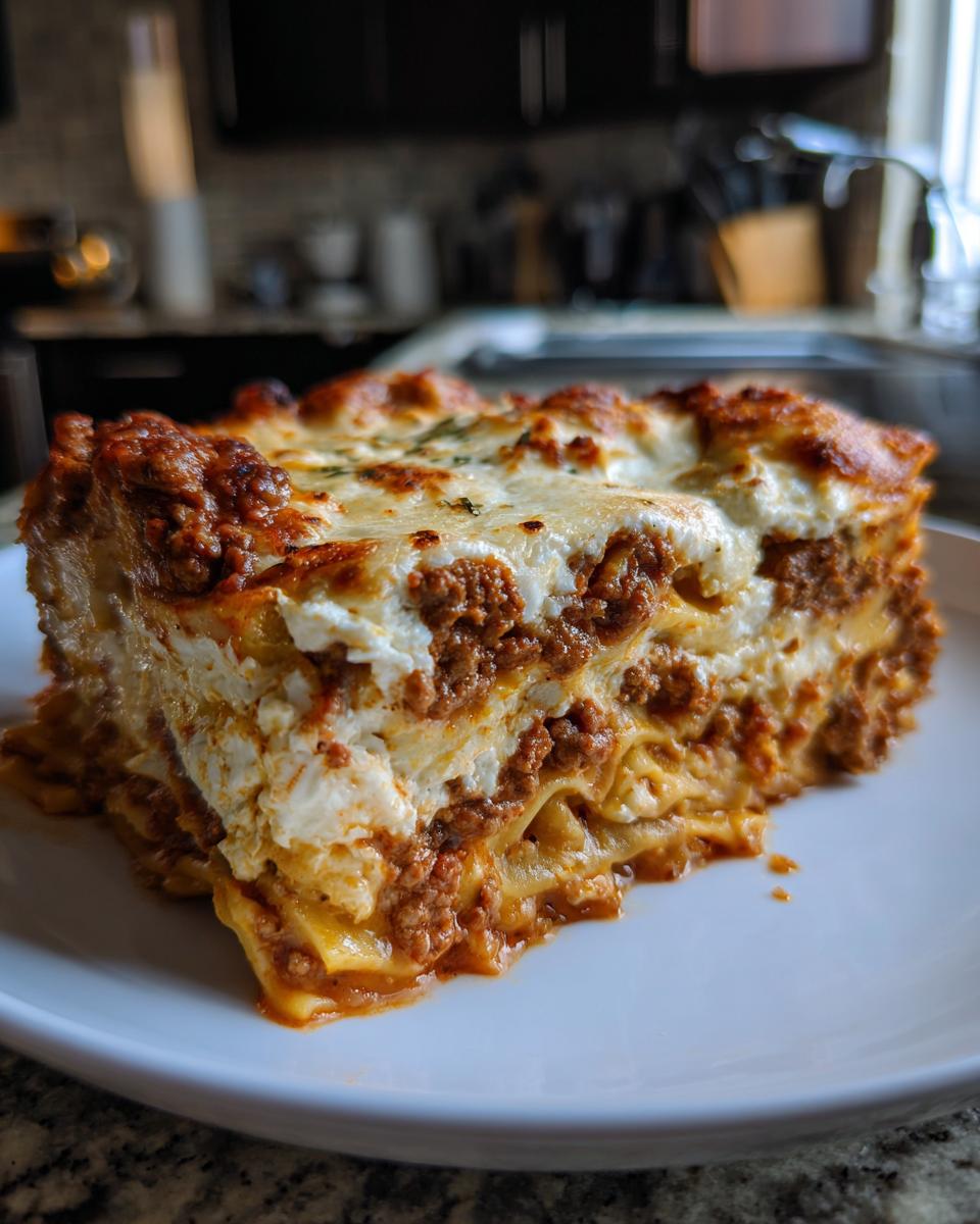 A delicious slice of Lasagna with Cottage Cheese, showcasing layers of pasta, meat sauce, and creamy cottage cheese.
