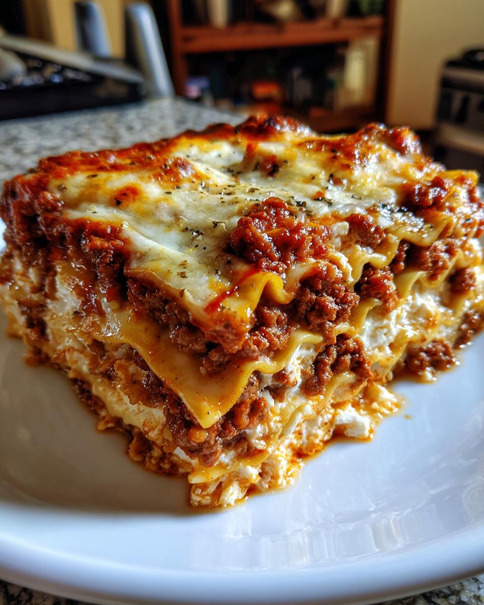 A delicious slice of Lasagna with Cottage Cheese, showcasing layers of pasta, meat sauce, and creamy cottage cheese.