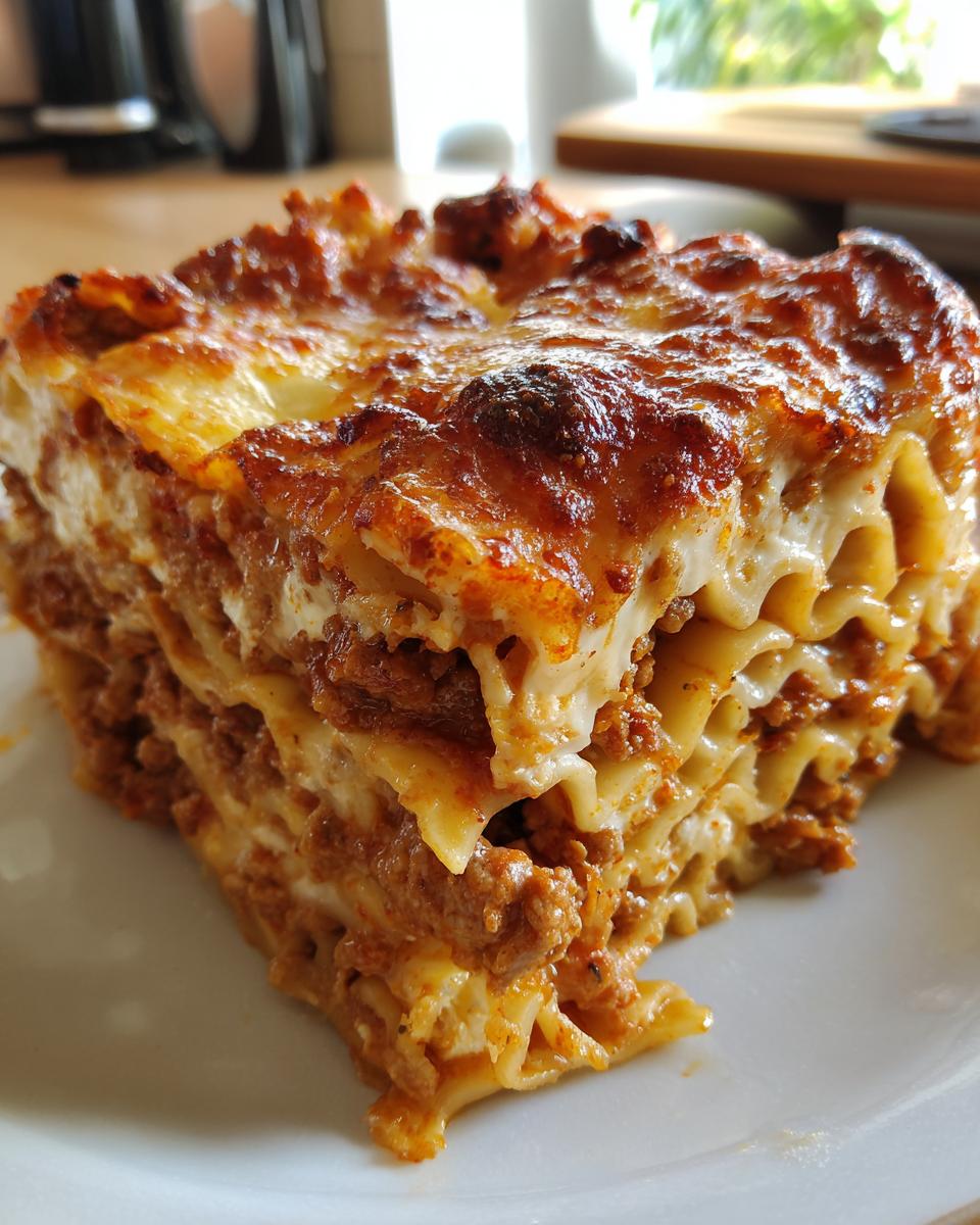 A delicious slice of Lasagna with Cottage Cheese, showcasing layers of pasta, meat sauce, and creamy cheese.