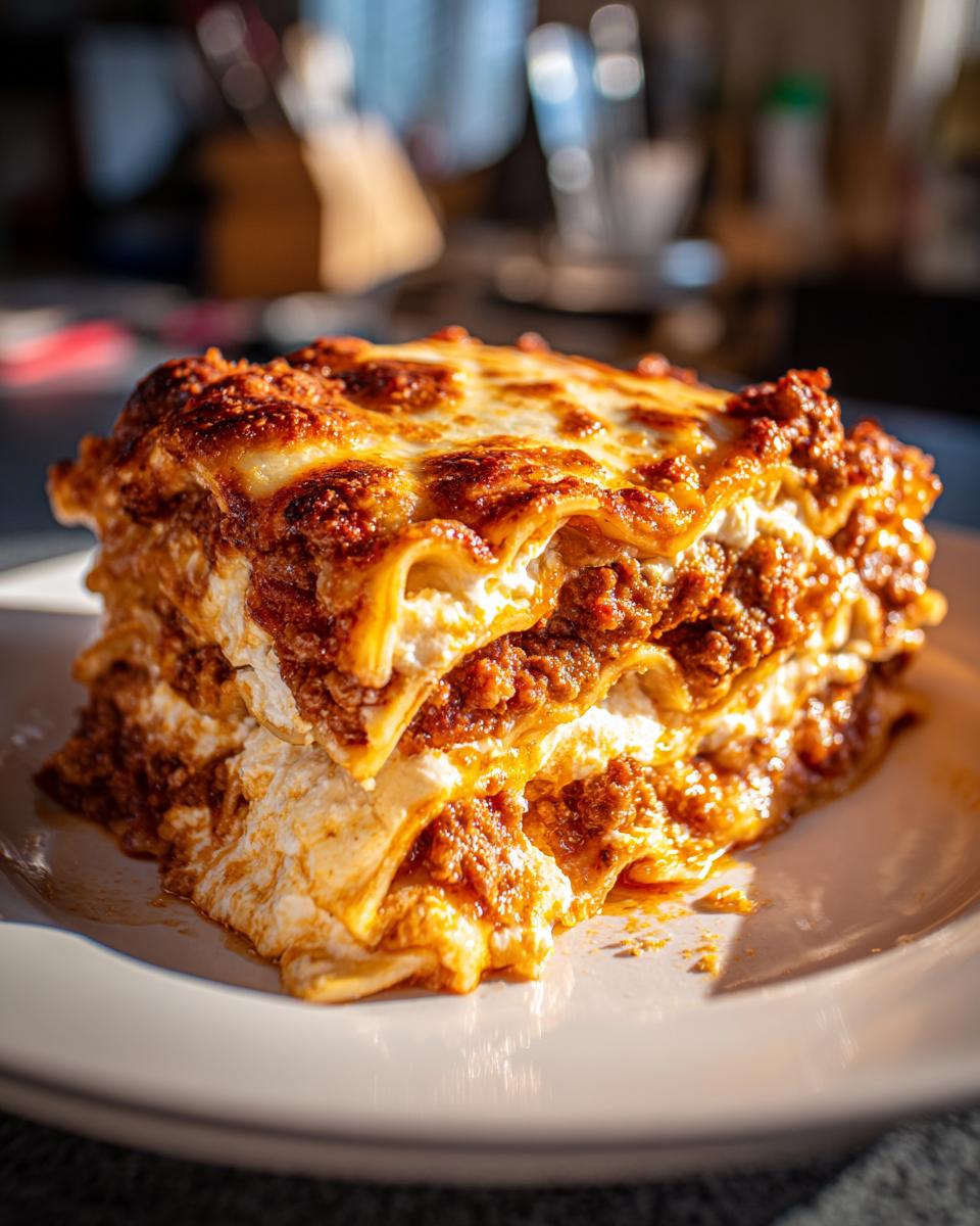 A delicious slice of Lasagna with Cottage Cheese, showcasing layers of pasta, meat sauce, and creamy cottage cheese.